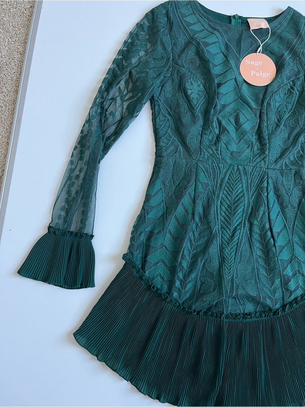 NWT Sage + Paije Forest Green Lace Long Sleeve mini Dress - Picture 3 of 11